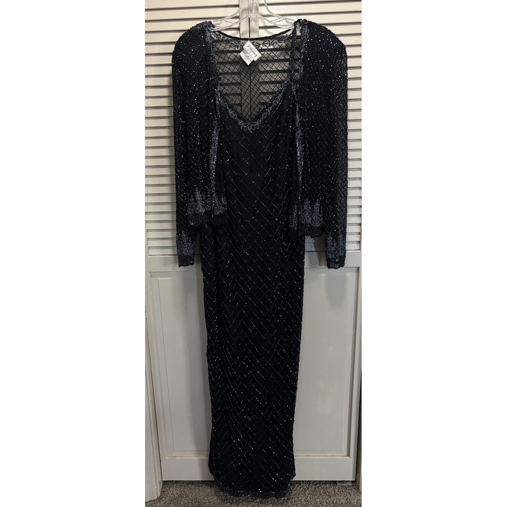 Stenay Black Silk Full Bead Gown & Jacket Sz 14 Adj Straps Lined Sparkle Formal